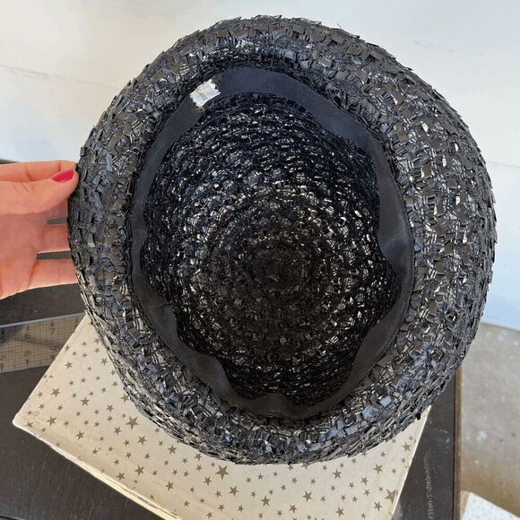 Vintage 50s Black Straw Cloche Hat • Grosgrain Bow, Up-Turn Brim - Picture 8 of 13